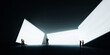 © Lustre Art Group  - People stand within dark immersive space with angular white screens, sharp geometry, and wide cinematic scale. Fits XR interfaces, digital architecture, and technology branding.