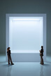 © Lustre Art Group  - Two women stand before luminous digital portal in pale futuristic space with soft cool light, reflective floor, and centered composition. Fits digital interfaces, XR, and spatial technology campaigns.