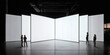 © Lustre Art Group  - People explore immersive white digital panels in dark technology space with glossy reflections and panoramic layout. Fits spatial media, interactive systems, and digital experience branding.