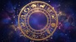 © venus - Elegant golden zodiac wheel displaying all twelve astrological signs arranged around a circular celestial design against a vibrant cosmic sky with generous copy space.