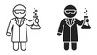 © Mdalamgir - Scientist Icon Set: A graphic illustration showcasing a scientist in a lab coat and safety goggles, holding a flask with bubbling liquid, presented in both outline and solid silhouette styles.