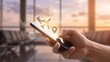 © NK - Hand holding a smartphone with a glowing airplane ticket and travel booking icons including map location calendar and globe at an airport terminal during sunset representing online travel concept