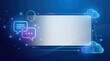 © Design World24 - Digital interface frame featuring glowing speech bubbles and connected cloud icons on a dark blue background