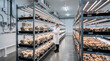 © Miftakhul - Worker in protective suit tending to mushroom farm cultivation racks ai generated