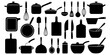 © MSTROUJATOUS - Cooking utensils and cookware silhouette icon pack featuring pots pans knives bowls and kitchen accessories