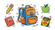 © MDSIRAJUL - Student school supplies doodle vector illustration set featuring children backpack pencil notepad notebook box of crayons and green apple