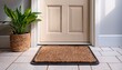 © Curtis - a light brown coir doormat with a dark border sits neatly at a white doors threshold on a white tile floor a small plant in a woven basket is beside it