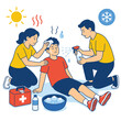 © Ole - First aid treatment for heatstroke vector illustration showing friends helping a boy suffering from heat exhaustion.