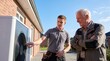 © ViskBx - Professional technician explaining the operation of an outdoor air source heat pump unit to a senior homeowner during a home visit