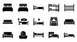 © Naya - Set of black and white bed and furniture icons for interior design and hotel services.