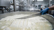 © Sirajum - Professional worker in blue nitrile gloves cutting fresh white cheese curds with a large knife in a stainless steel industrial vat at a modern dairy processing factory with steam background.
