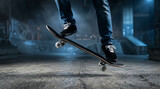 Dynamic young man performing a sleek jump trick on a skateboard in a dark foggy urban park