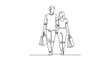 © Jewel - Couple Walking With Shopping Bags Continuous Line Drawing Silhouette