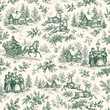 © macho - Seamless Christmas toile pattern with reindeer, horse sleigh, carolers, snowy cottages, holly, pine branches, and vintage winter village scenes in green line art