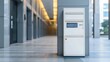 © Intelligent Horizons - Sleek white smart delivery locker station featuring a digital interface and access panel located in the clean modern interior hallway of a business building with warm ambient lighting