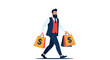 © Saulius - Well dressed businessman with a stylish beard walking confidently and carrying shopping bags decorated with dollar signs.