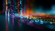 © Laura - Colorful digital data stream representing futuristic technology and scientific database matrix, vivid color palette flowing across a dark background, defocused data stream,