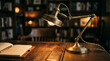 © Luiz - Antique Desk Lamp Illuminating Study: A vintage brass desk lamp casts a warm glow over an open notebook on a wooden desk, surrounded by bookshelves filled with antique books.