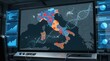 © Justlight - Digital epidemiology map of Italy with highlighted northern and central regions, a mosquito icon, red infection heat spots, grid-based cellular automaton cells, and a translucent RNA helix overlay