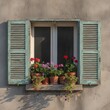 © KIMOG - Old Window with Open Blue Wooden Shutters on Rustic European House Facade
