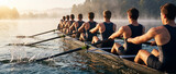 Eight rowers on misty lake at sunrise, captured from behind in a dynamic shot, showcasing their synchronized effort and the splashing water, ideal for themes of teamwork, sports