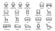 © kalponarani - Furniture and seating line icons set featuring office chairs armchairs sofas benches stools rockers recliners and lounge seating for home and interior design.