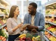 © KIMOG - Happy African American Man Looking at Asian Woman Holding Notebook While Grocery Shopping
