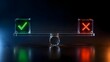 © King Stock - Glass seesaw balancing glowing green checkmark and red cross signs, representing decision making, right versus wrong, pros and cons, ethics, and balance