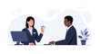 © eva - Businesswoman presents ID badge to businessman at reception desk with computer and potted plant, modern office.