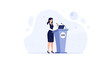 © Lago - Female CEO giving presentation at podium with laptop and microphones, business conference or meeting, modern flat vector illustration.