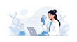 © Angel - Scientist examining petri dish in modern laboratory with DNA helix and equipment, vector illustration
