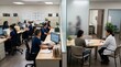 © l1gend - Wide shot of a women's health clinical trial assessment, participants at various stations in an assessment clinic, coordinators working – Clinical Trial & Healthcare Research Stock Photo