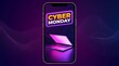© Fitron - Smartphone displaying a Cyber Monday online shopping promotion with a glowing neon laptop illustration.