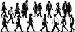 © MSTRAZINA - Business people walking silhouette banner featuring crowd of corporate professionals men and women in suits vector illustration template