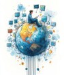 © sun - Thoughtful person sitting on a painted globe reading a tablet, surrounded by floating computer screens, connected cables and small orbiting devices, evoking curiosity and wonder