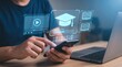 © Abuzar - mobile online learning and progress tracking system. man using smartphone with online learning application interface, mobile education platform with video lesson and quiz module.