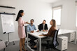 © fizkes - Businesswoman stands near flipchart presenting strategy to colleagues seated at conference table, explaining marketing plan. Business presentation, discussion, collaborative decision making in office