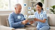© Ryan - Caregiver assisting senior man with a tablet showing health app icons in a living room, focusing on elderly care, remote monitoring, and digital healthcare solutions for aging.