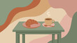© Widi - A vector illustration of a green table with a croissant on a plate and a steaming cup of coffee on a saucer in a modern abstract setting Vector 20