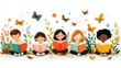© lucky - five children sitting cross-legged reading colorful books outdoors among plants and butterflies, joyful and curious storytime scene