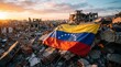 © 3D Icons World  - Venezuelan flag lying on collapsed concrete debris from destroyed building. Aftermath of severe earthquake catastrophe. National tragedy and humanitarian crisis in disaster zone.
