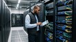 © MOON - Black male IT technician using a digital tablet to inspect and monitor network server racks in a modern data center, managing mainframe system infrastructure and database hardware solutions.