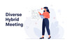 © Arda - Woman with Headset and Laptop Presenting Hybrid Meeting Strategy on Blueprint