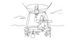 © Faizan - 熱気球に乗る冒険家、空の旅を楽しむ男性の線画イラスト。探検と自由を象徴する、シンプルなモノクロベクターアート。
