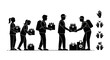 © Kiki - Black and white vector silhouettes of community volunteers standing in a line to distribute donation boxes containing food and supplies during a humanitarian aid mission.