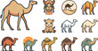 © MstSapla - Camel vector icons bundle featuring diverse design styles including line art geometric polygon outline sunset badge cute baby mascot and decorated boho silhouettes isolated on white background