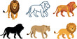 © ShuvoStock - Lion vector collection featuring diverse design styles including realistic male lion black silhouette low poly geometric panthera line art contour and cute cartoon character on white background