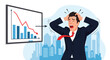 © Faisal - Panicked businessman in a suit reacts with horror to a chart showing a dramatic downward trend in sales or financial performance.