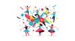© raharjo007 - A vibrant illustration of diverse people dancing and celebrating with abstract geometric shapes and confetti.