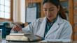 © forenna - Peruvian compounding pharmacist preparing a pediatric oral suspension in a small-batch hospital compounding suite, carefully measuring flavoring agents and active powder on a